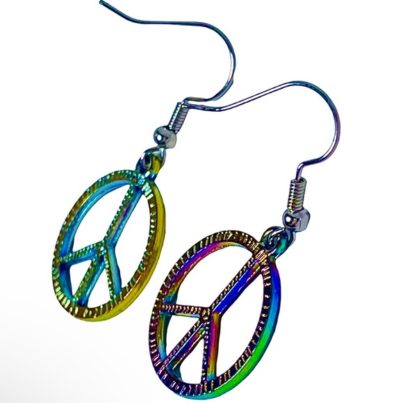 Peace sign iridescent rainbow shiny dangly earrings NEW - Picture 2 of 6